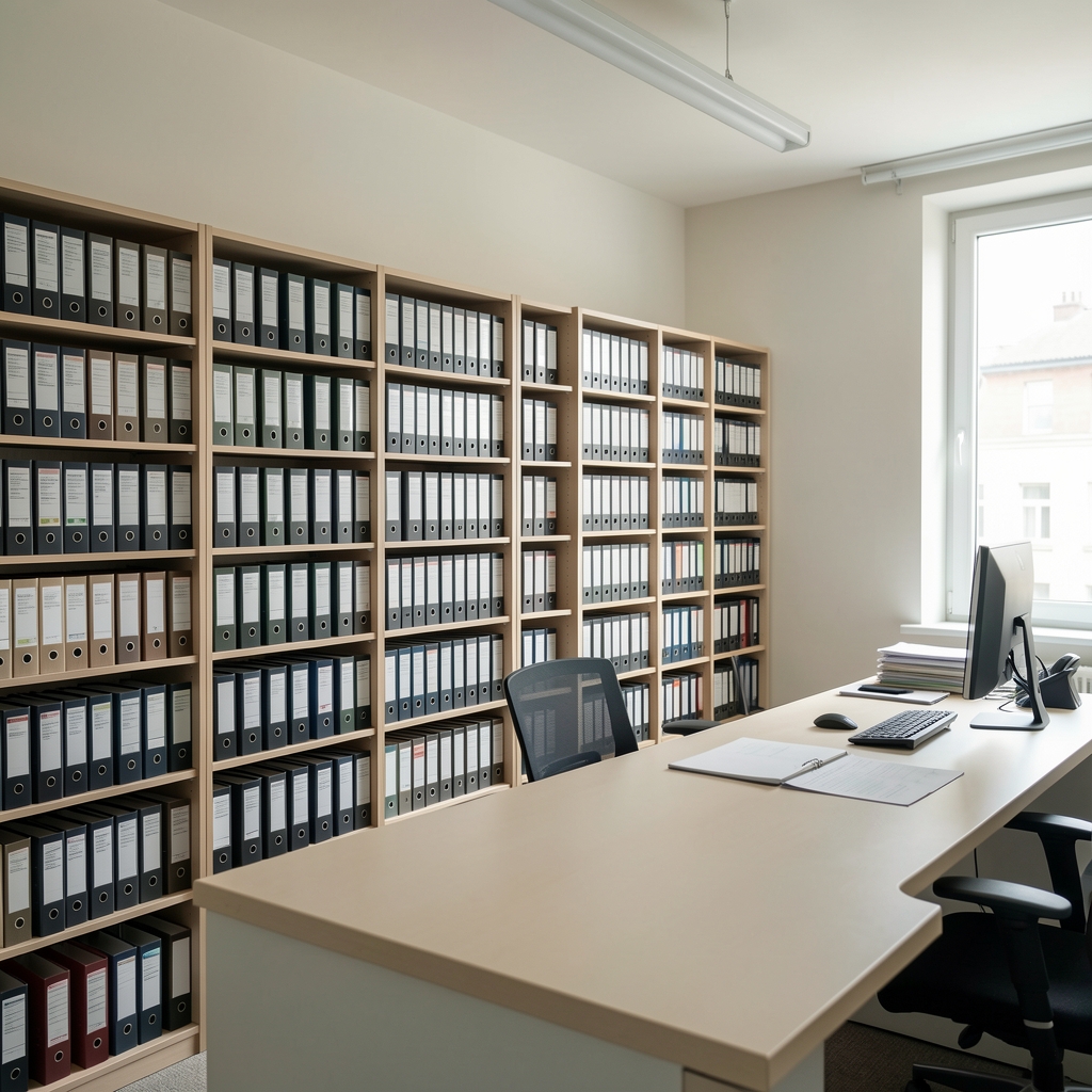 Interior view of the Talmora documentation office on Jalan Yap Kwan Seng, Kuala Lumpur, with rows of ingredient reference folders and a minimal work desk
