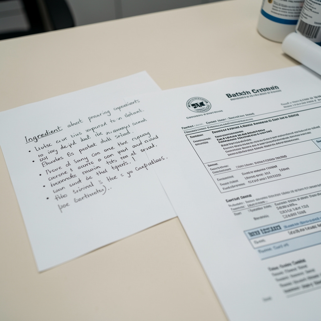 Close-up of handwritten ingredient sourcing notes alongside printed batch certificates spread on a light-coloured documentation table