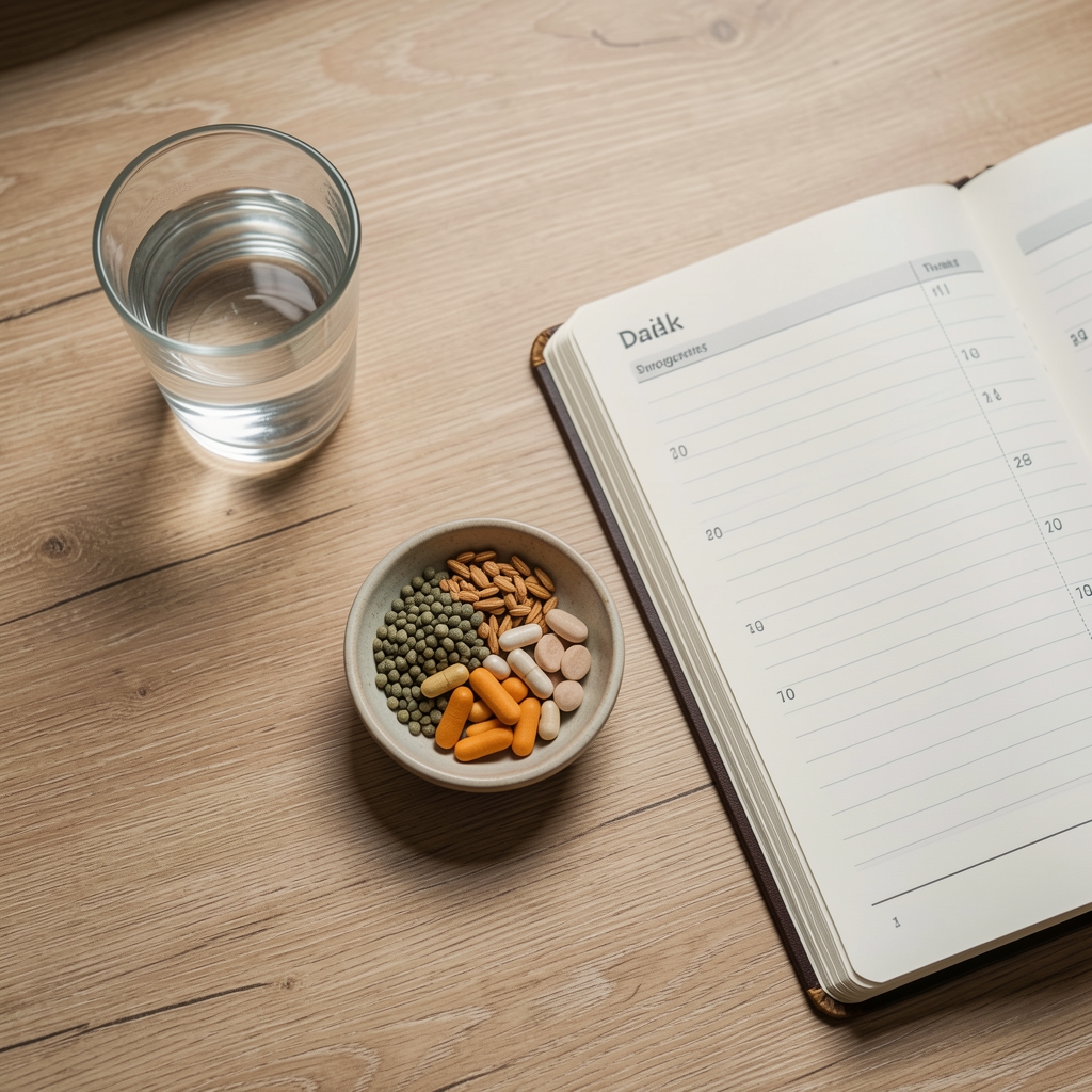 Overhead photograph of a morning supplement routine setup — glass of water, small ceramic dish with daily serving portions, and an open progress journal