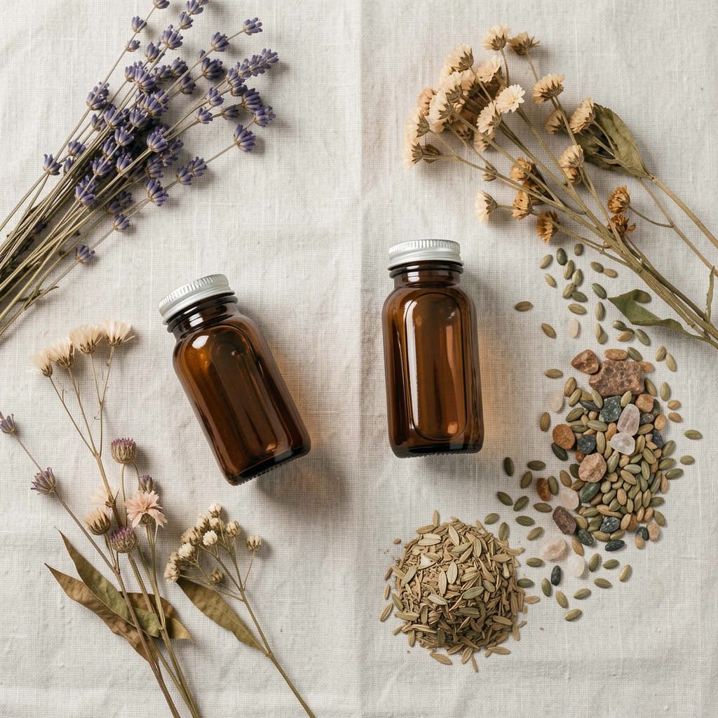 Flat lay of brown glass supplement jars alongside dried botanicals and mineral-rich seeds arranged on a pale linen surface in a clean workspace