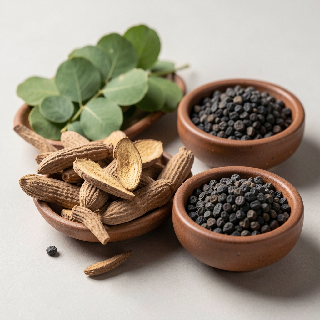 Close-up of raw botanical ingredients — dried ashwagandha root slices, green moringa leaves, and dark mineral granules arranged in small ceramic dishes under studio lighting