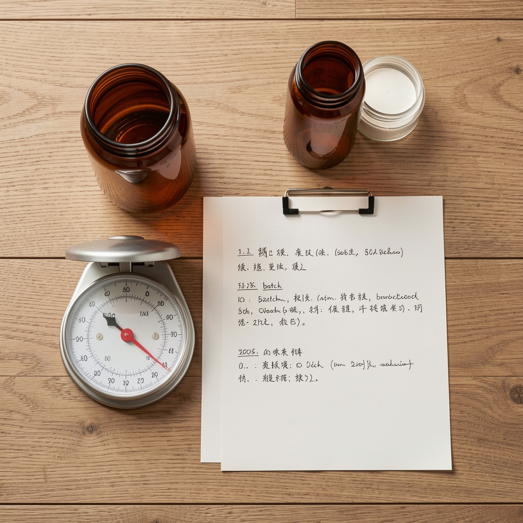 Overhead view of a minimalist supplement workspace with amber jars, a measuring scale, and handwritten batch notes on a wooden desk