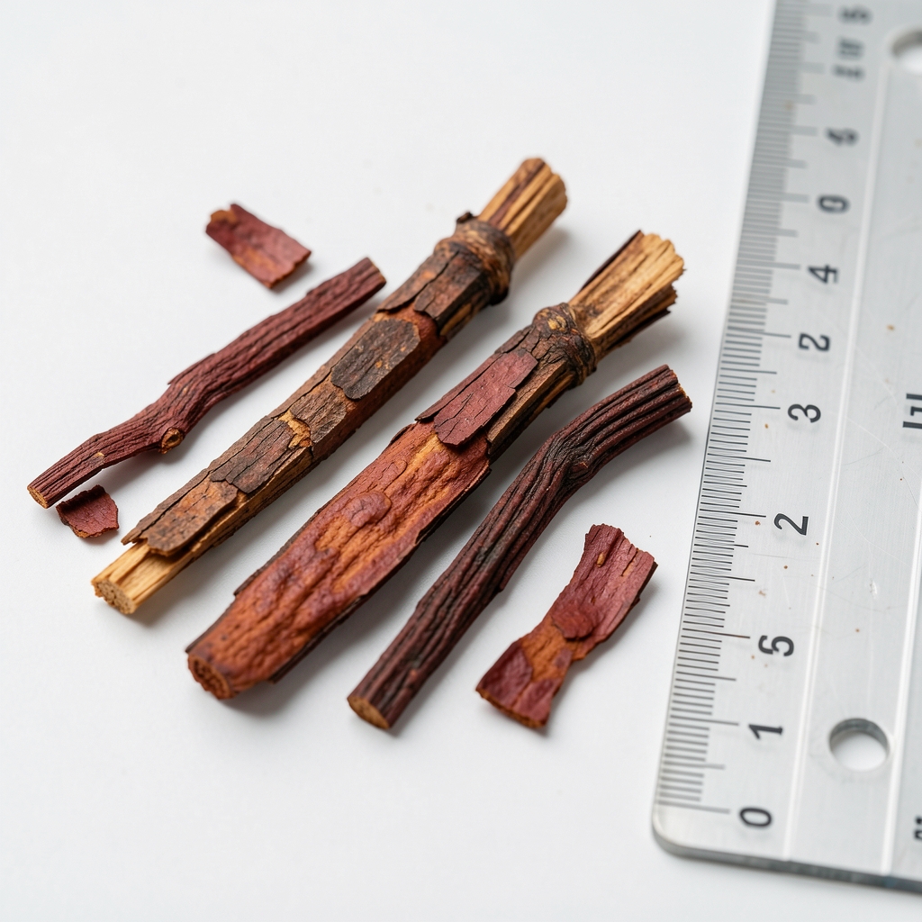 Dried rhodiola rosea roots with reddish-brown bark fragments displayed on a white surface with a measurement ruler beside them
