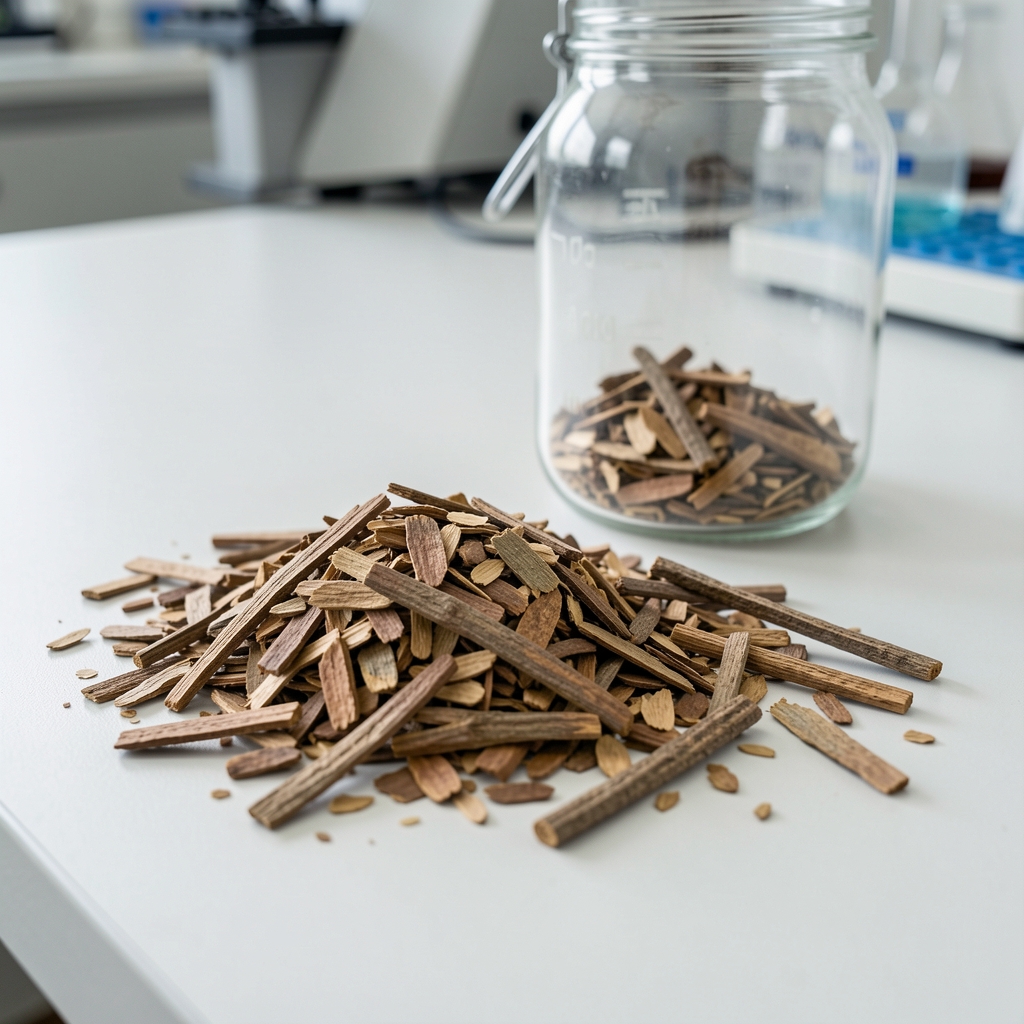 Eleuthero root bark chips and dried stem pieces spread on a clean laboratory bench with a glass specimen jar in the background
