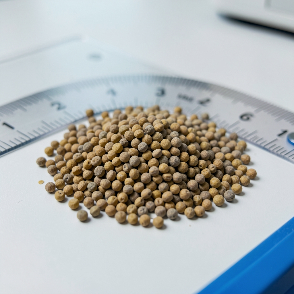 Selenium yeast granules under a close-up lens with measurement scale visible, placed on a clean quality-control surface