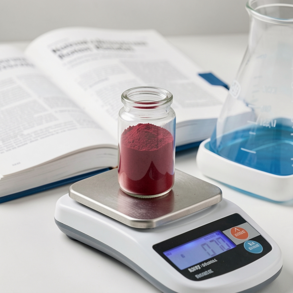 Deep red B12 crystal powder in a glass vial on a laboratory scale with a nutrition research journal open in the background